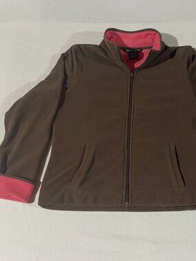 BC Clothing Fleece Jacket L Brown Pink Contrast Trim Full Zip Cozy Warm